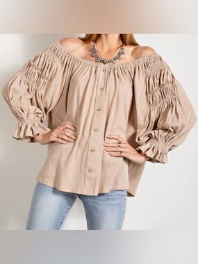 easel Beige Off-Shoulder Smocked Puff Sleeve Blouse